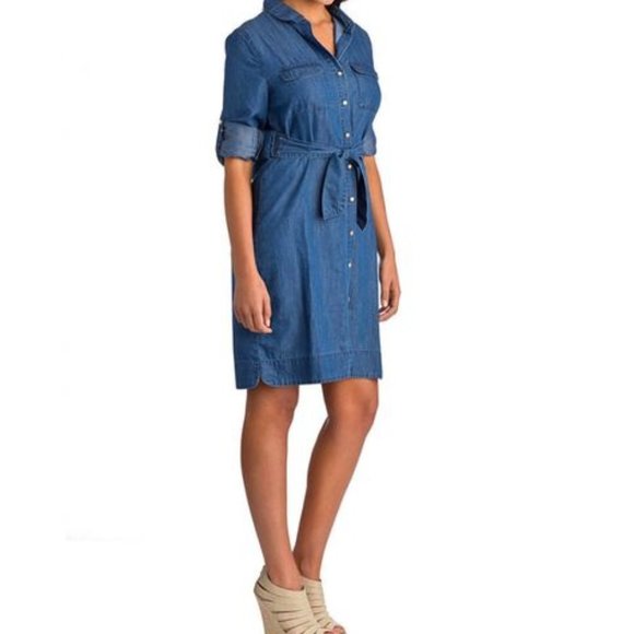 Marisa Kenson Blue Denim Pocket Belted Waist Roll-Up Sleeves Mini Dress - M NWT - Picture 2 of 5